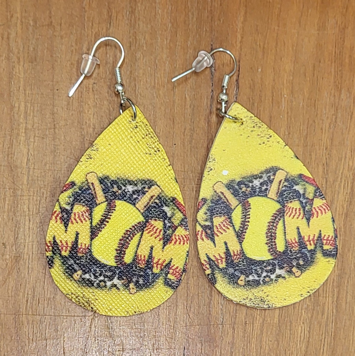 Football soccer baseball softball faux leather tear drop earrings