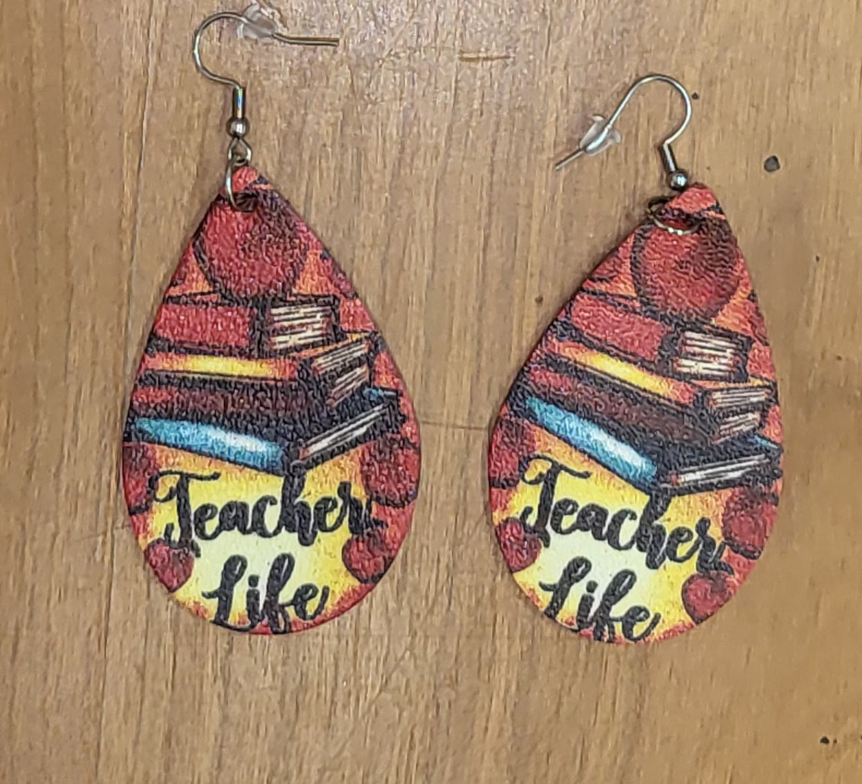 Teacher back to school themed faux leather tear drop earrings