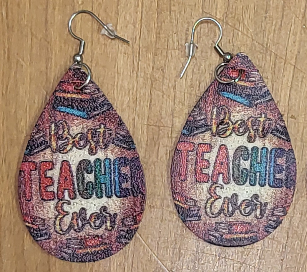 Teacher back to school themed faux leather tear drop earrings