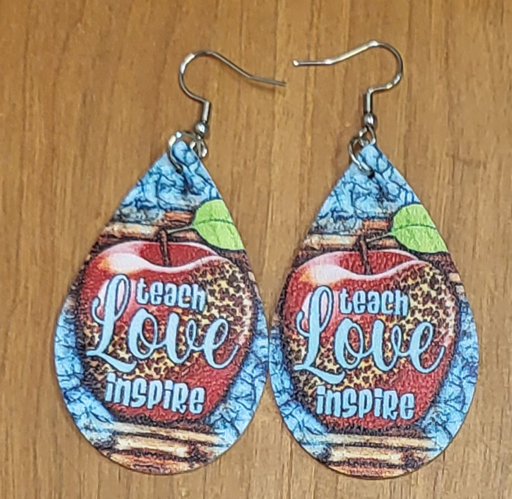 Teacher back to school themed faux leather tear drop earrings