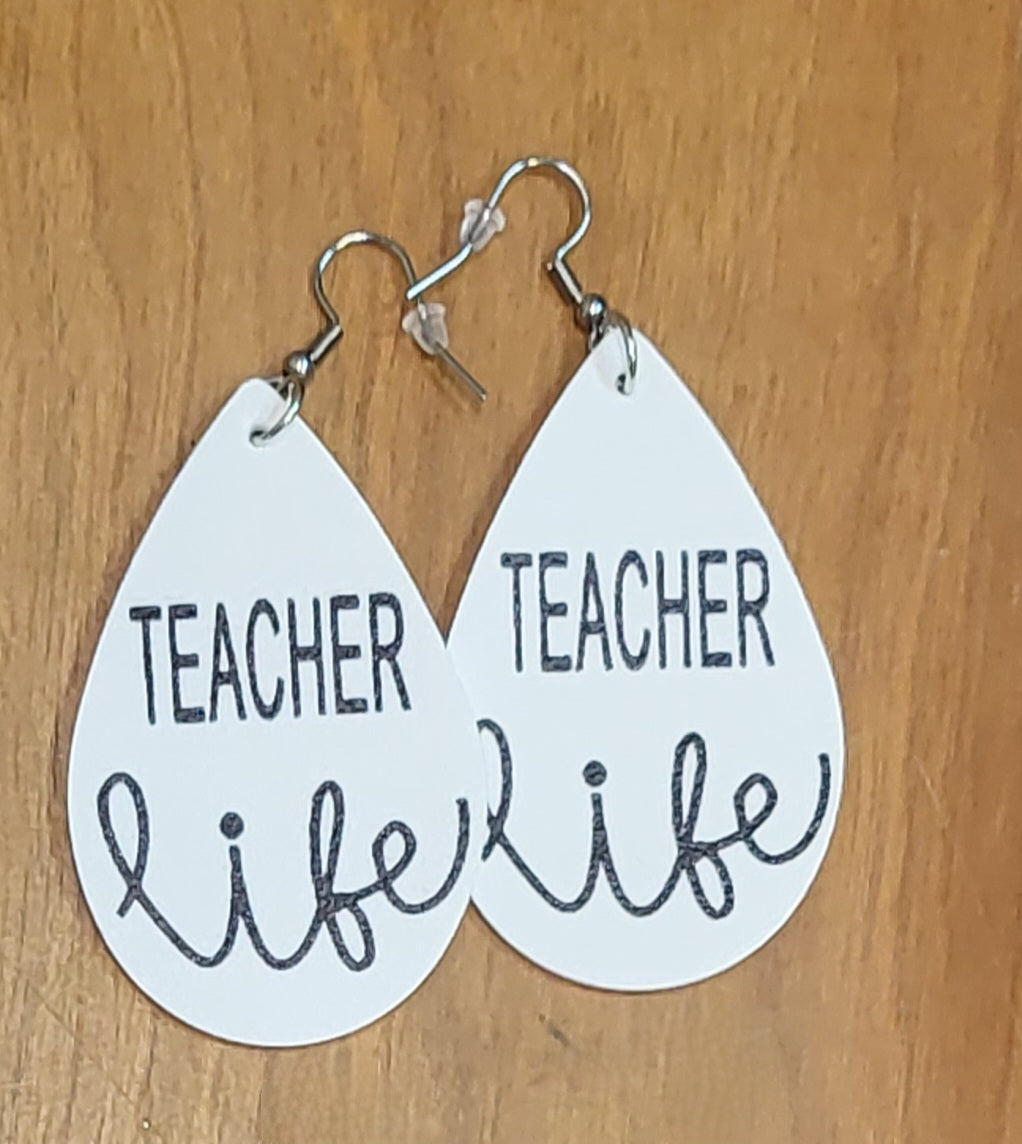 Teacher back to school themed faux leather tear drop earrings