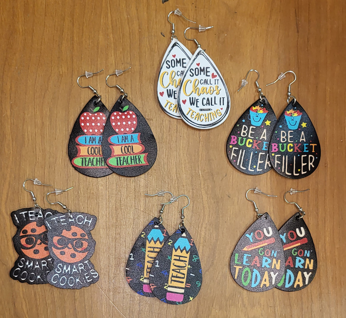 Teacher back to school themed faux leather tear drop earrings