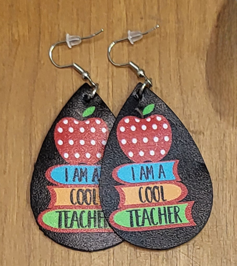 Teacher back to school themed faux leather tear drop earrings