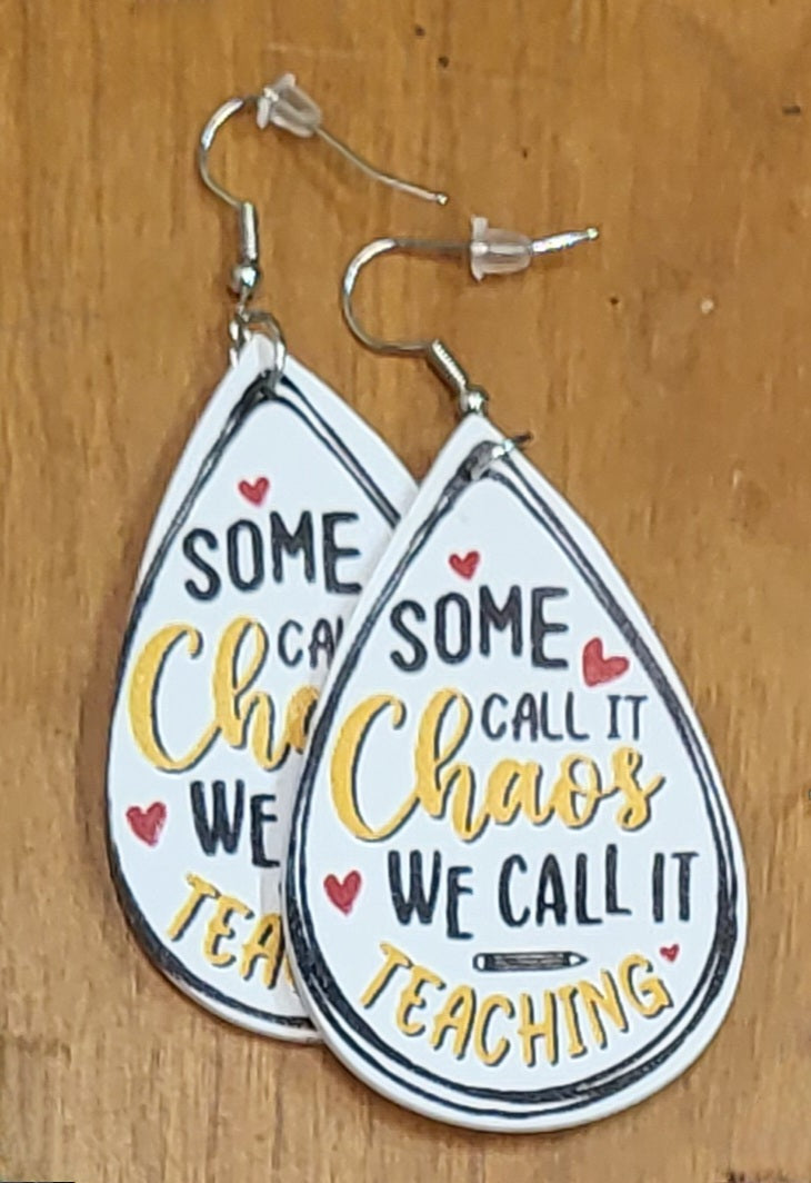 Teacher back to school themed faux leather tear drop earrings