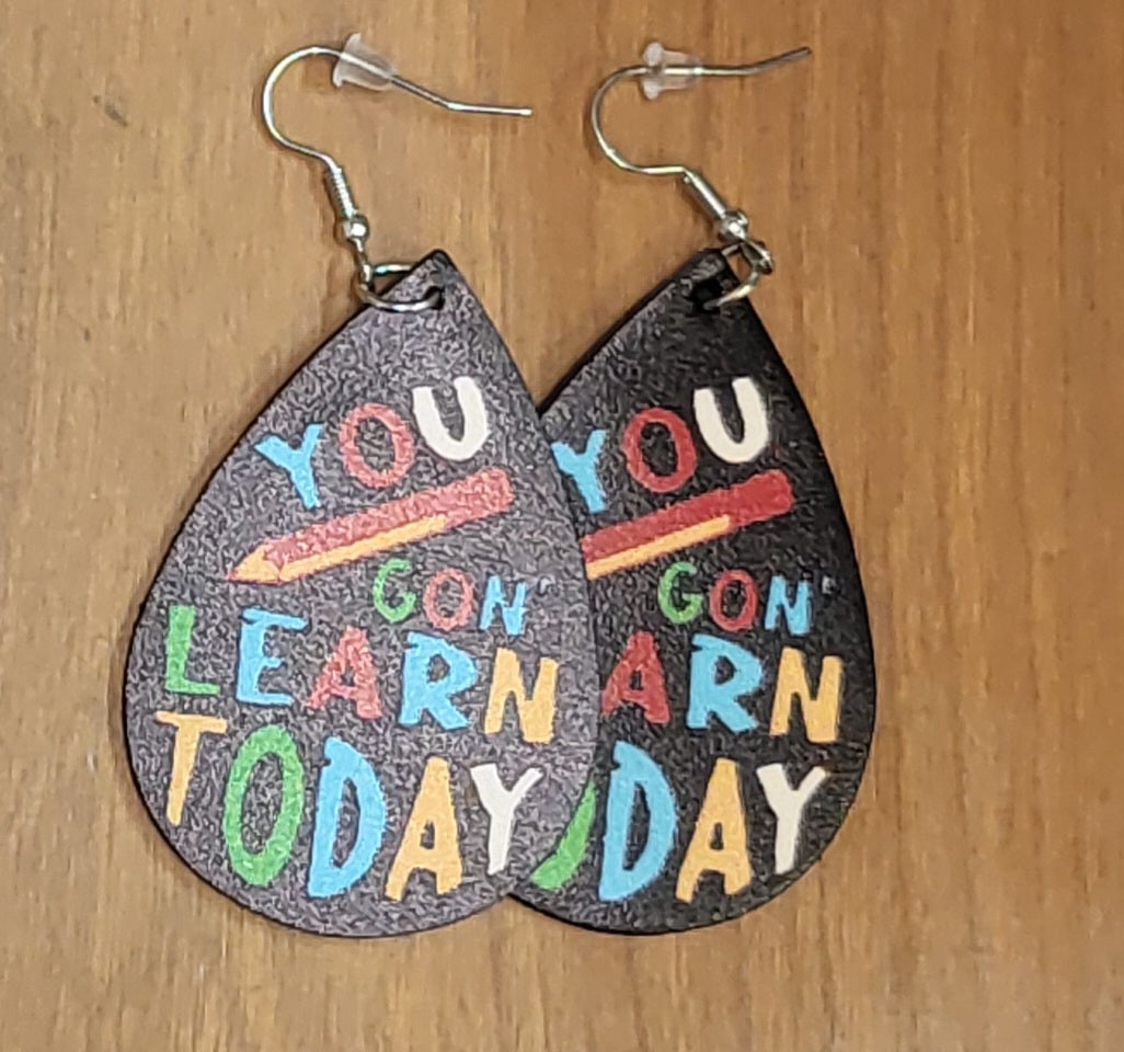 Teacher back to school themed faux leather tear drop earrings