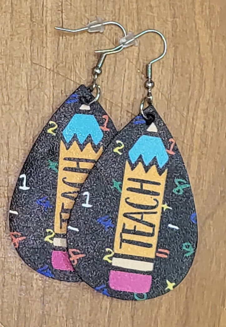 Teacher back to school themed faux leather tear drop earrings