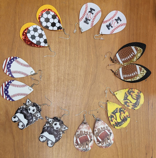 Football soccer baseball softball faux leather tear drop earrings