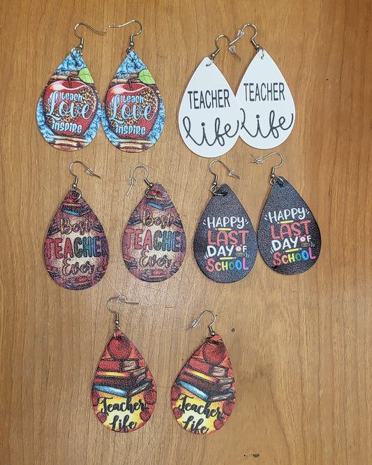 Teacher back to school themed faux leather tear drop earrings
