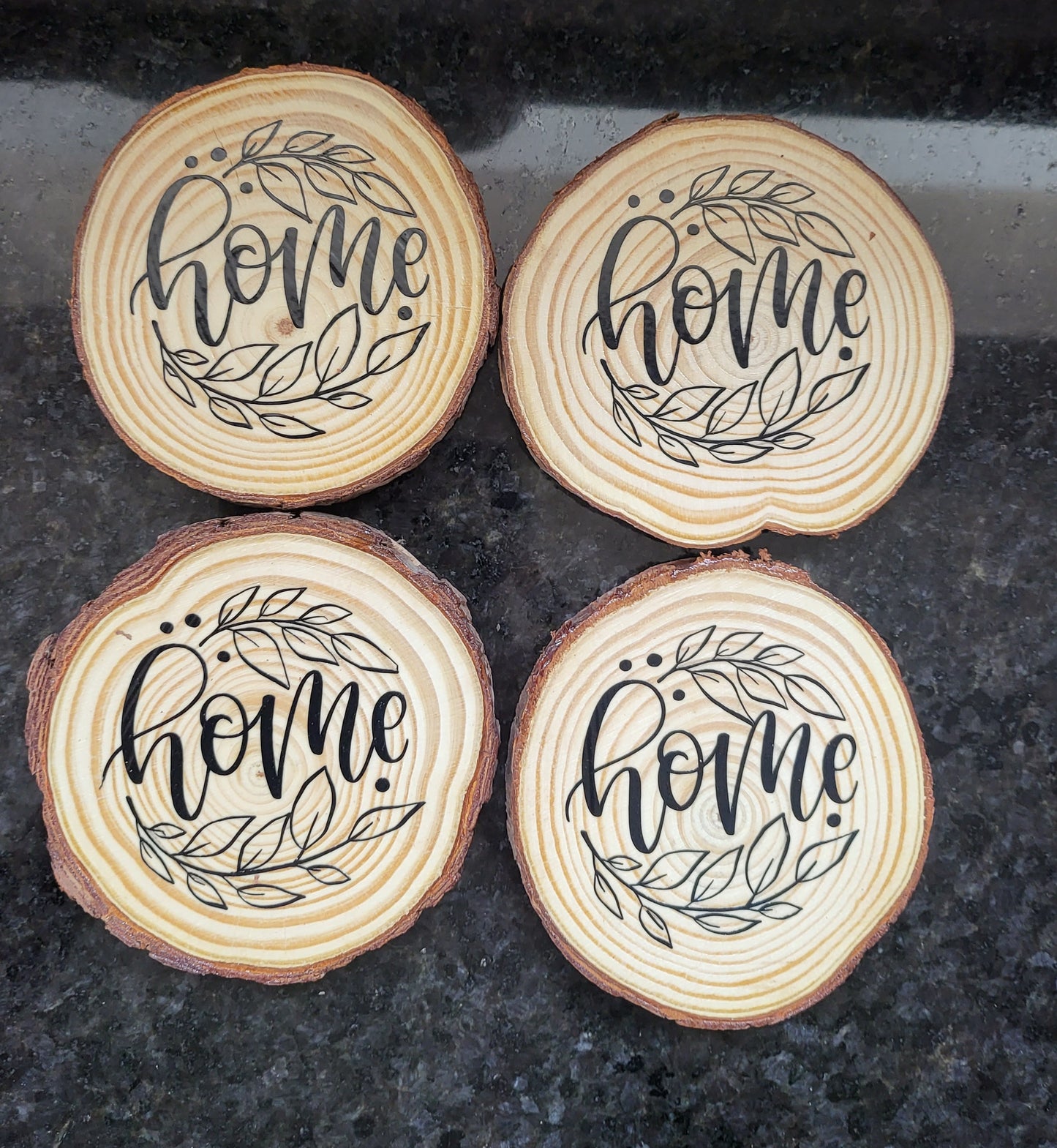 Round wood home sweet home coasters