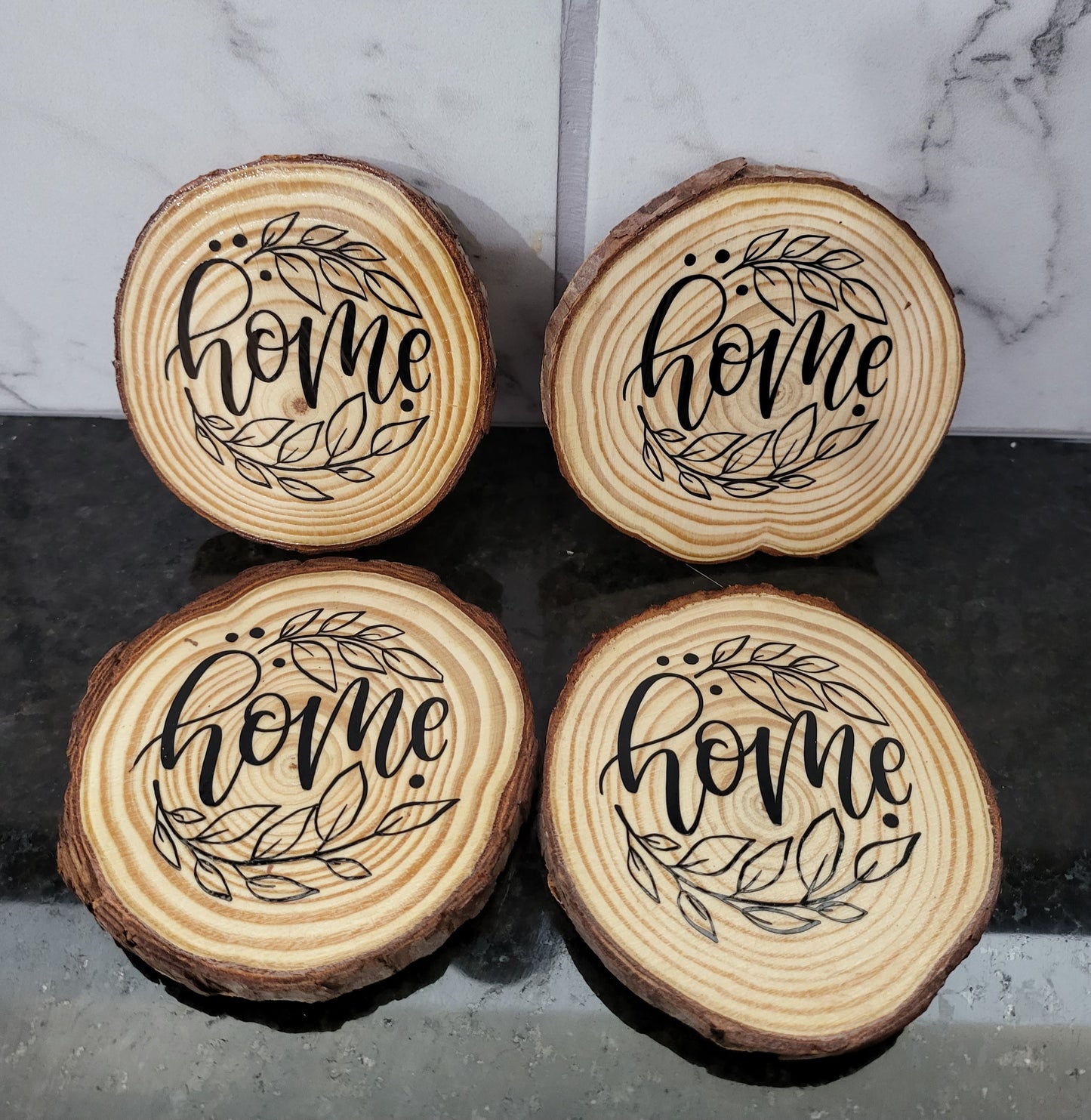 Round wood home sweet home coasters